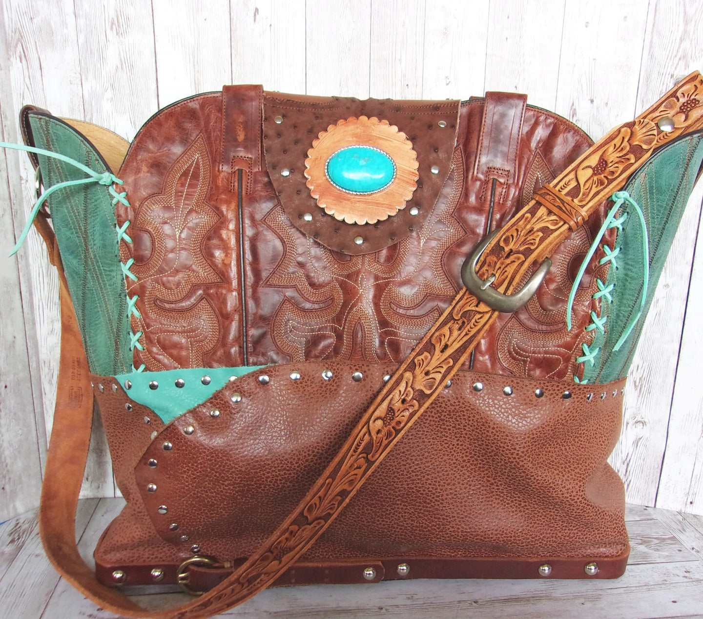Cowboy Boot Laptop Tote LT39 handcrafted from cowboy boots. Shop Luggage & Bags at ChrisThompsonBags.com and buy the best boot purse, cowboy boot purse, cowgirl handbag, leather laptop tote, recycled cowboy boots, unique gift for her, unique gift for him, unique travel bag, western diaper bag, western laptop tote, western travel bag, XL cowboy Boot Purse, XL leather tote at Chris Thompson Bags.